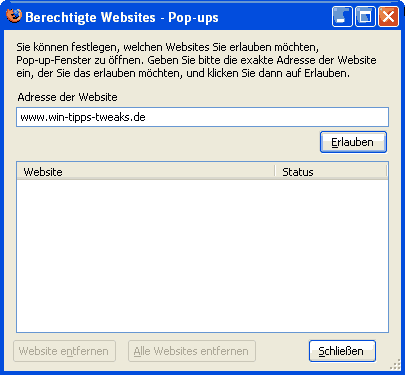 Firefox Berechtigte Webseiten