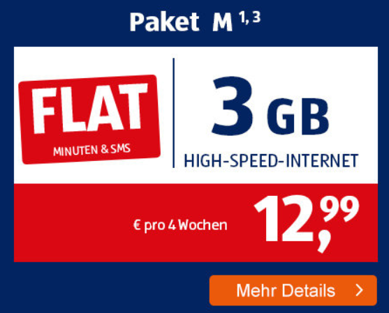 12,99 ve 3 GB yüksek hızlı İnternet için ALDI TALK PACKAGE M