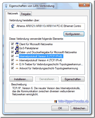 proprietà lan ipv6 Windows 7