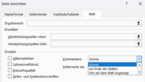 Excel Kommentar drucken