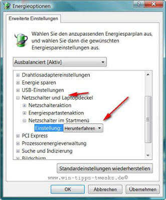 ruhezustand Hier klicken wir uns durch Netzschalter und Laptopdeckel &gr; Netzschalter im Startmenü &gr; Pluszeichen und dort Herunterfahren wählen. ruhezustand_netzschalter