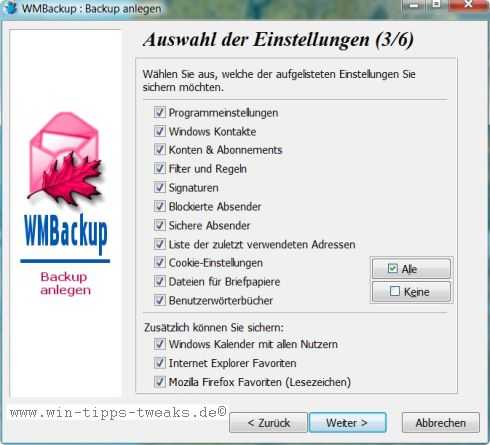 Wie oben bereits angesprochen gibt es noch das Schmankerl, das man auch seine Favoriten/Lesezeichen aus dem Internet Explorer und dem Firefox sichern kann. wmbackup3