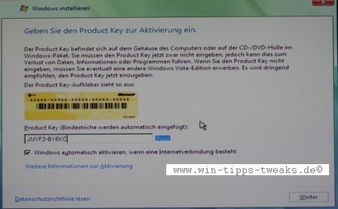 Product Key zur Aktivierung