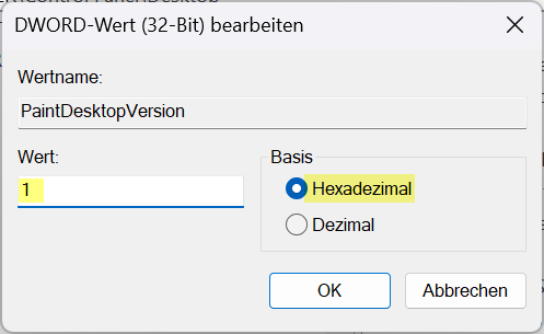 regedit paintdesktopversion wert