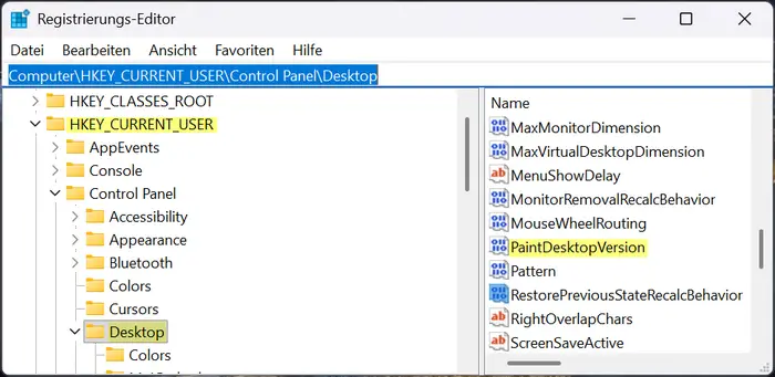 regedit paintdesktopversion