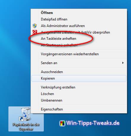 Papierkorb anheften Papierkorb anheften