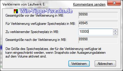 Parition um 10000 MB verkleinern
