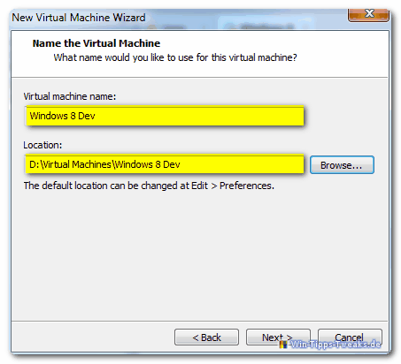 Name and location of the virtual machine